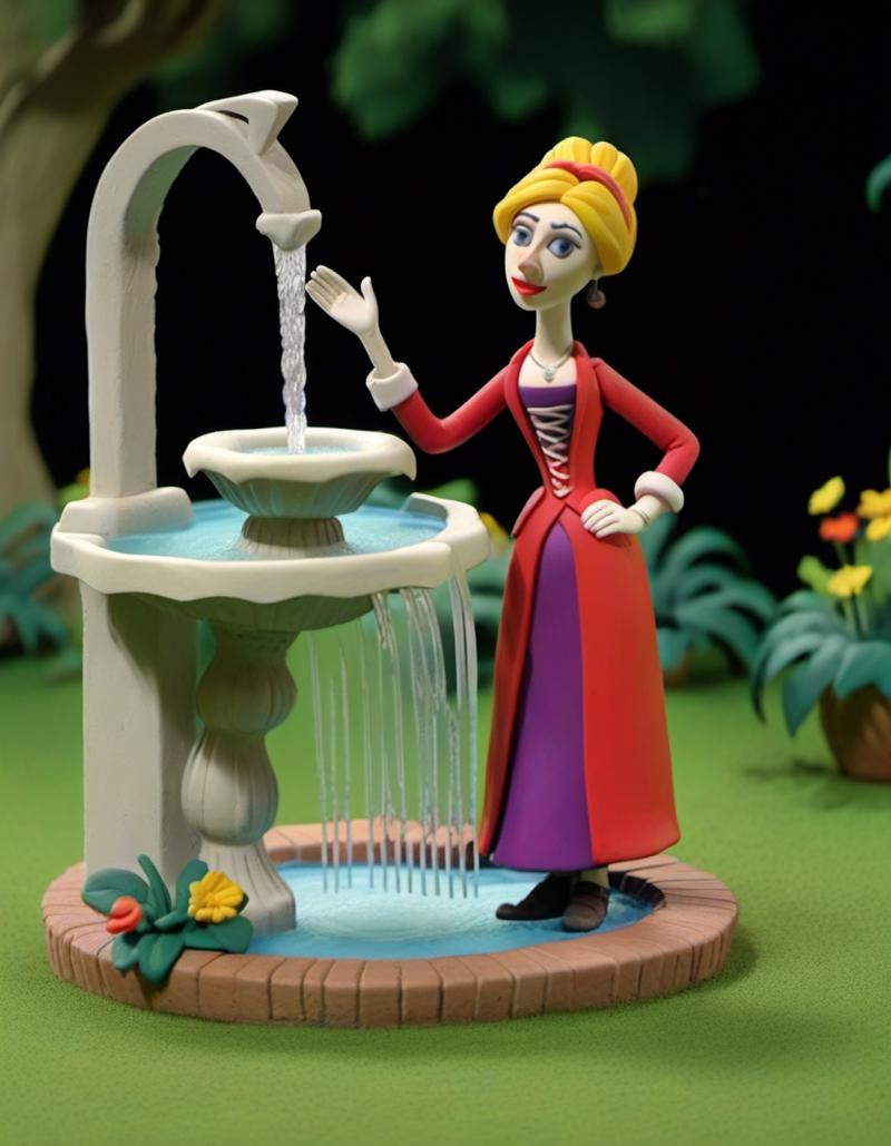 02767-4250307371-claymation, a lady in a garden near a fountain _lora_CLAYMATE_0.3__0.7_.png